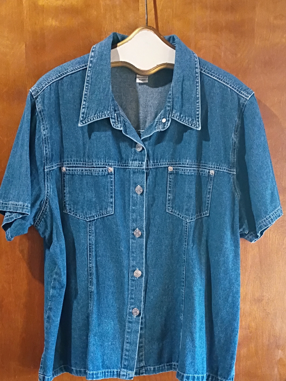Women's Short-Sleeve Denim Button-Down Shirt - Blue 20W Western Cowboy 🤠
